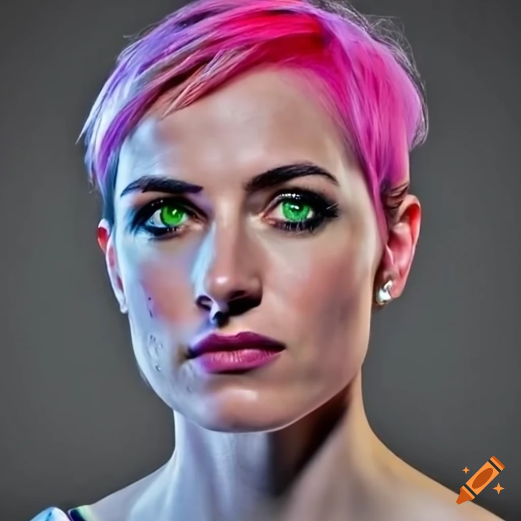 portrait of a pink-haired woman with green eyes