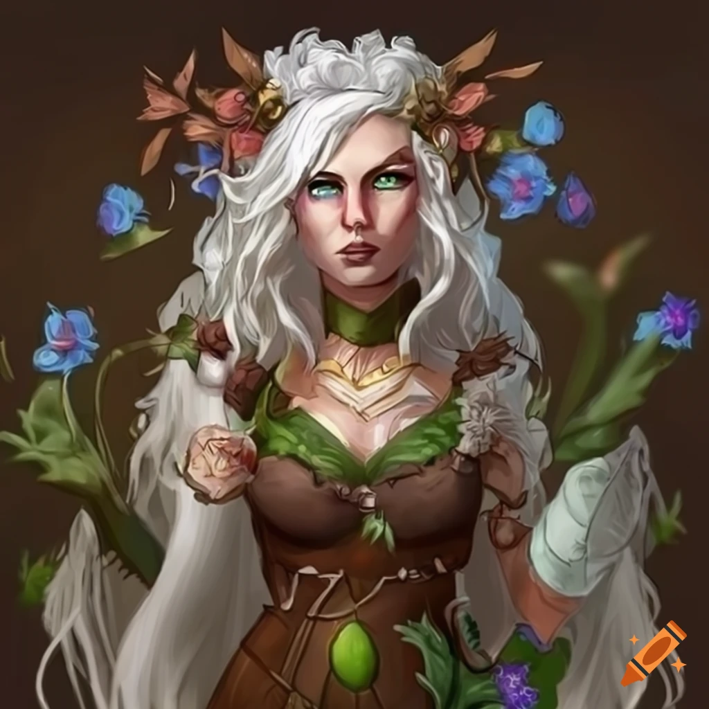 illustration of a strong female giant druid with flower decorations