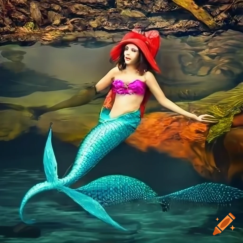 photo realistic image of a cute mermaid and a dolphin playing in a pond