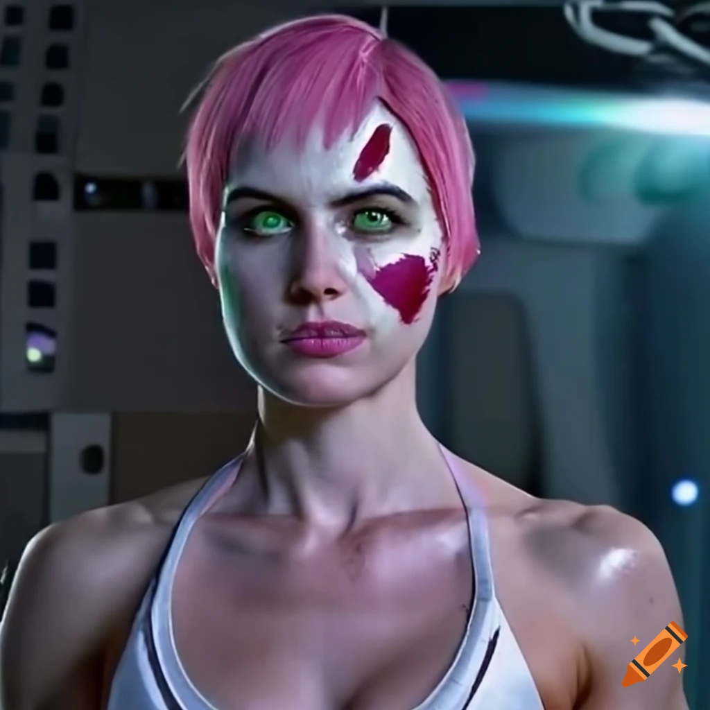 cosplay of a futuristic android with pink hair