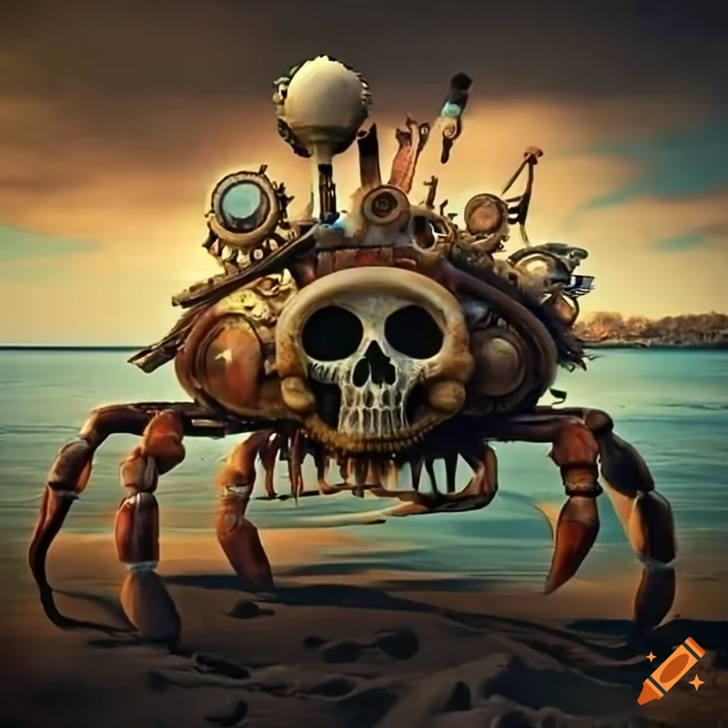 Surrealistic steampunk crab machines on the beach on Craiyon