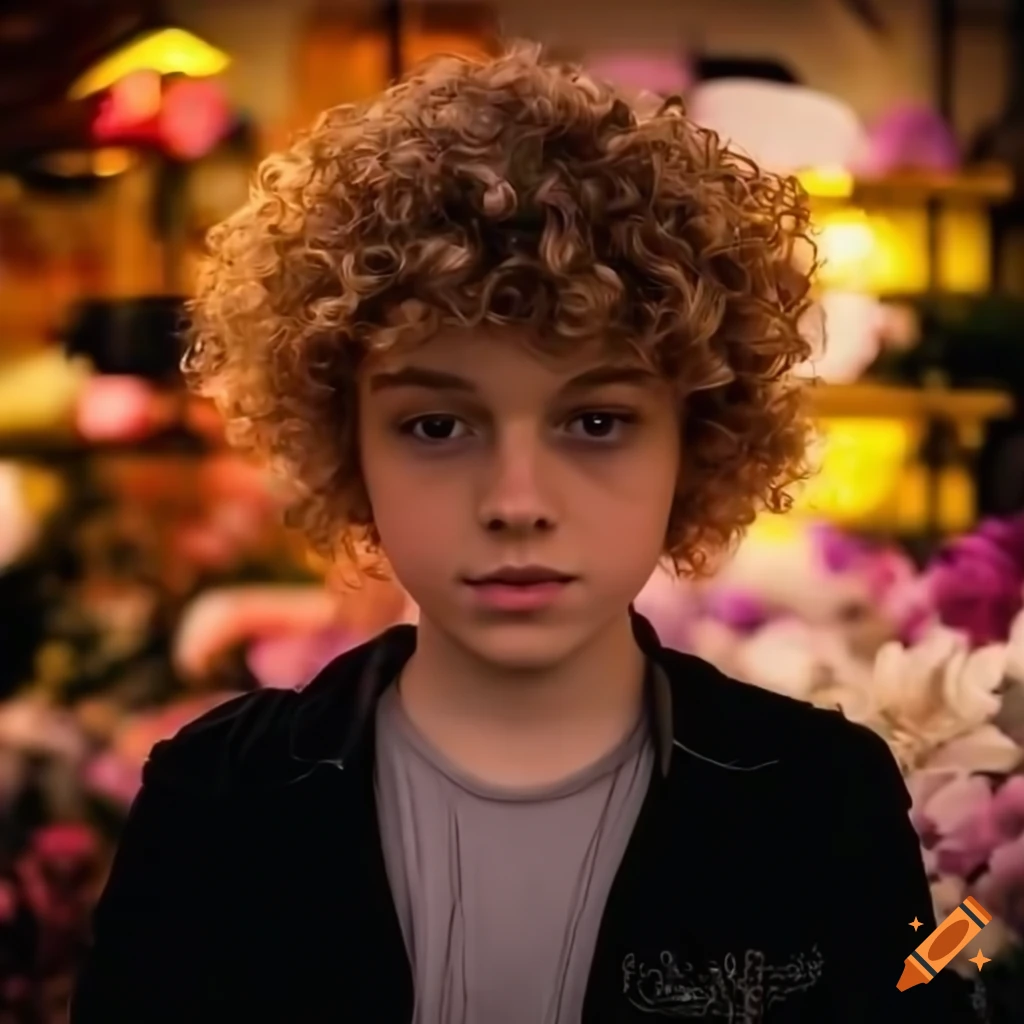 curly-haired teenage boy in front of a flower shop
