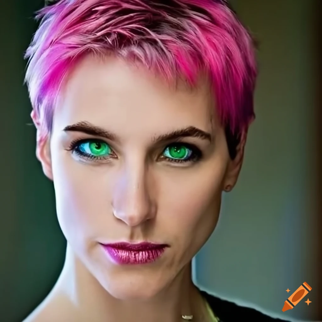 portrait of a sporty woman with pink hair and green eyes