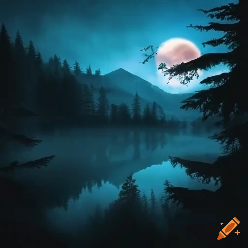 Gothic midnight landscape with bloodmoon over a lac surrounded by