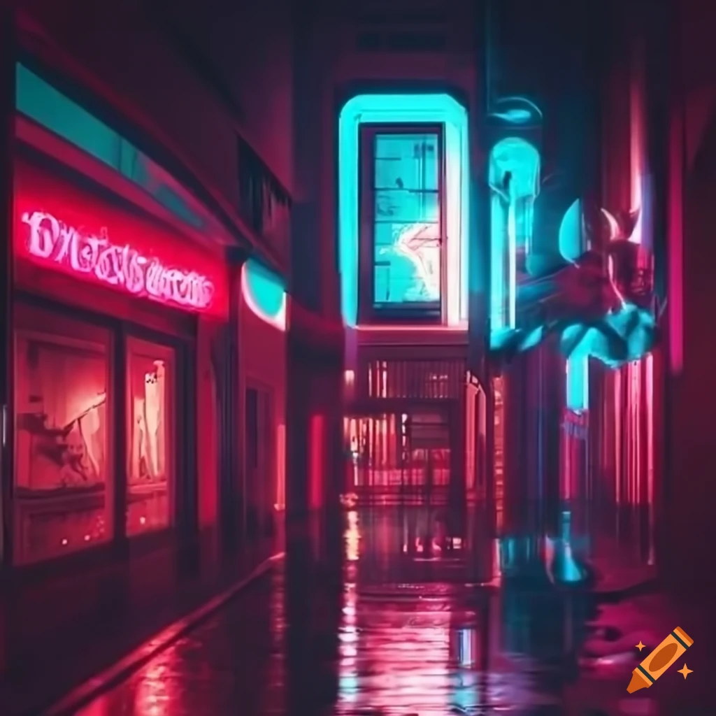 retro mall with vibrant neon lights