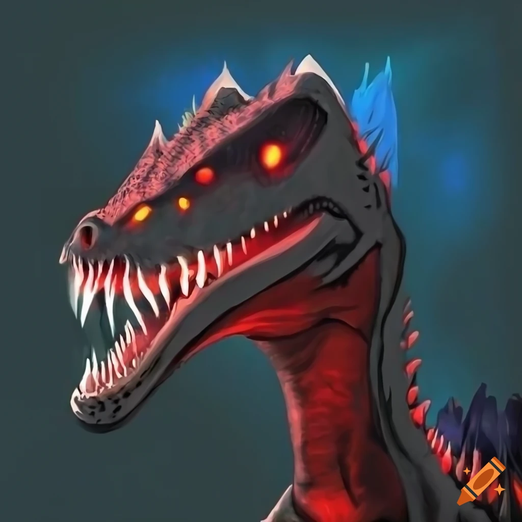 digital art of a black and red glowing-eyed Suchomimus