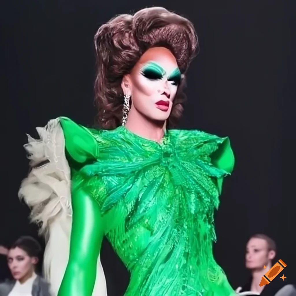 fierce drag queen in green costume on the runway
