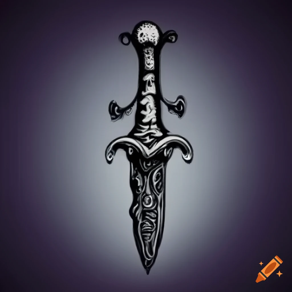black and white engraving of a mysterious dagger