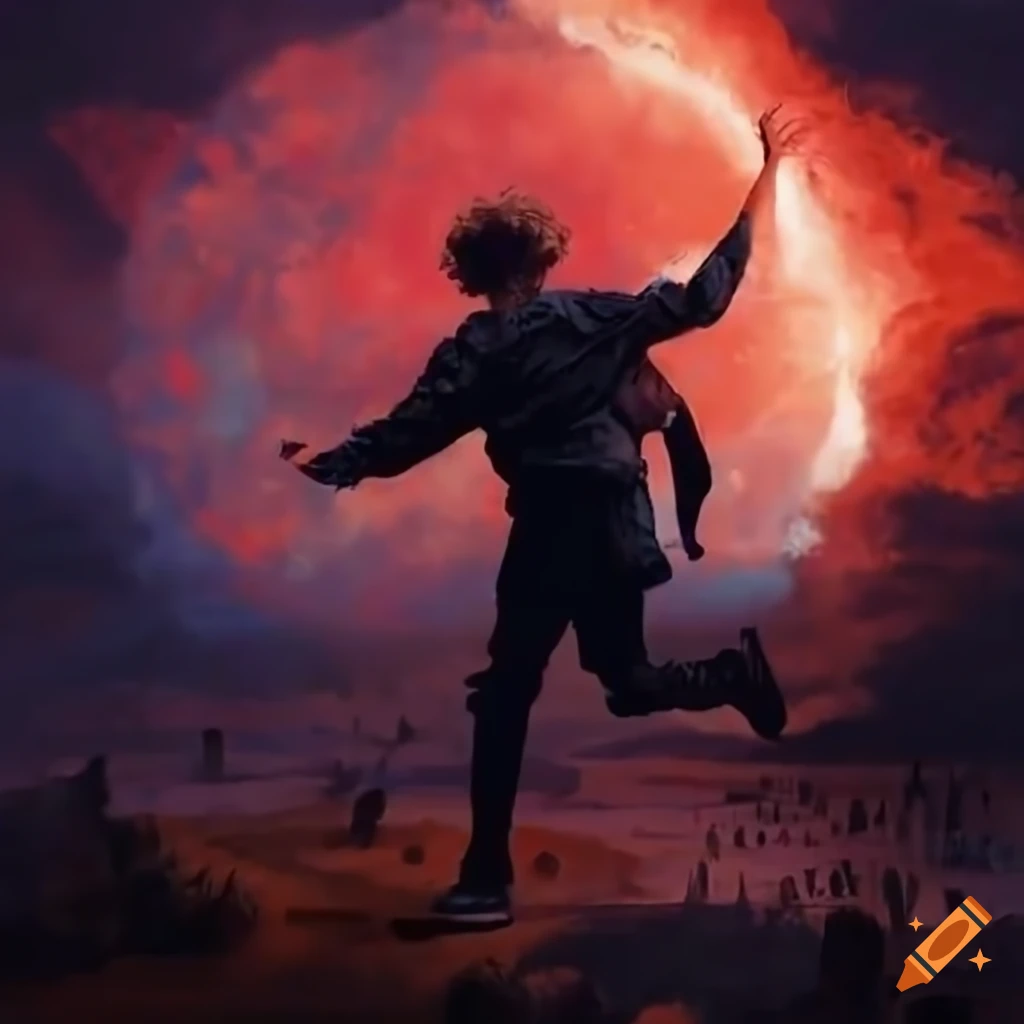 red-themed-music-cover-with-a-young-man-running-from-exploding-sun-on