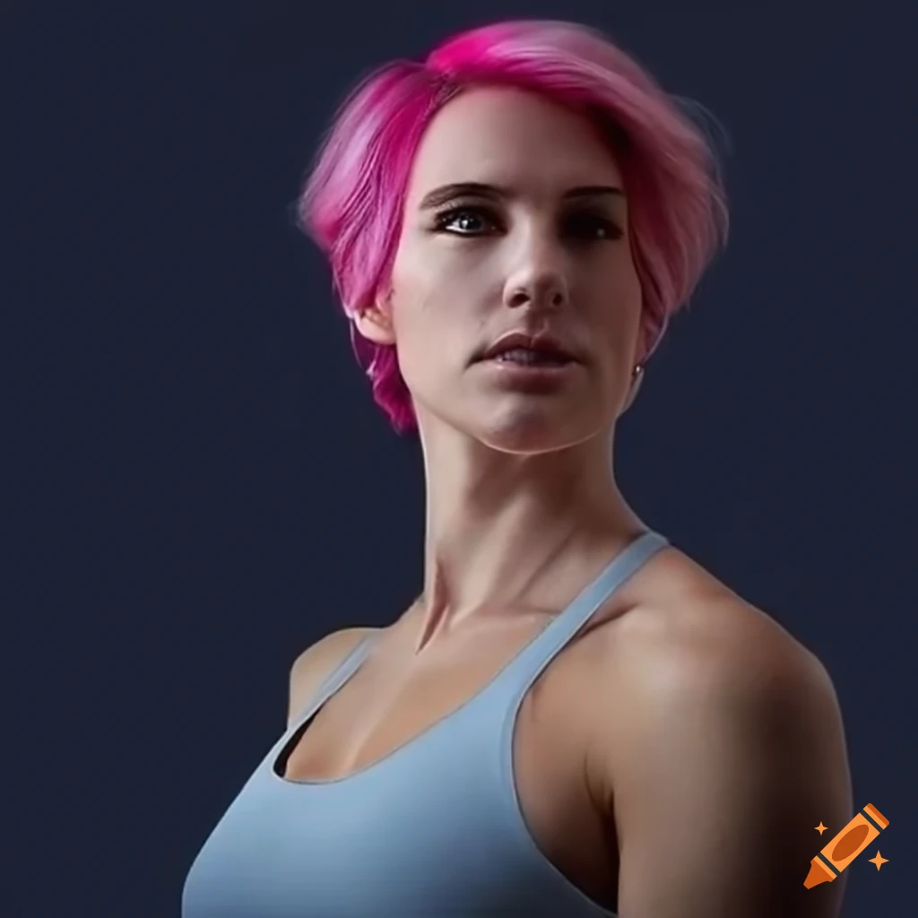 Young woman with short pink hair and athletic attire on Craiyon