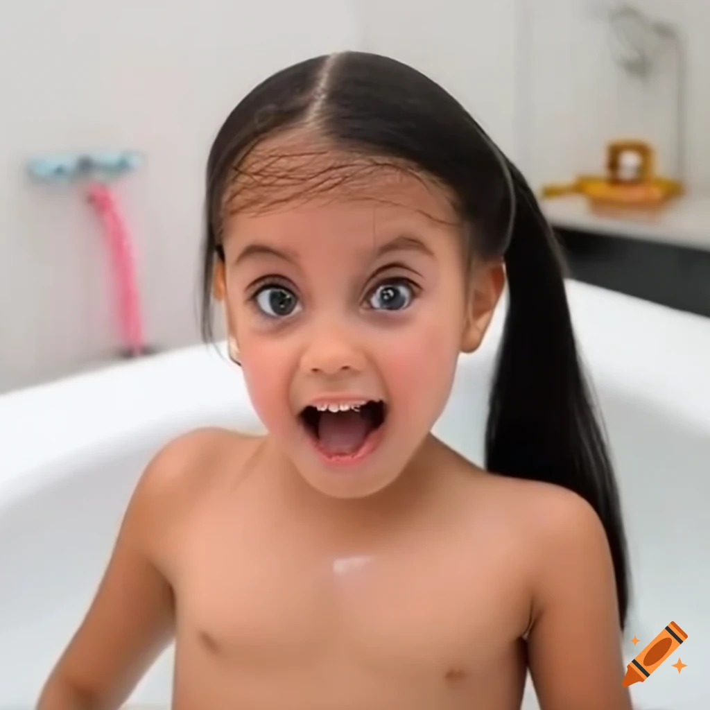 surprised brazilian toddler girl with pigtails during bath time