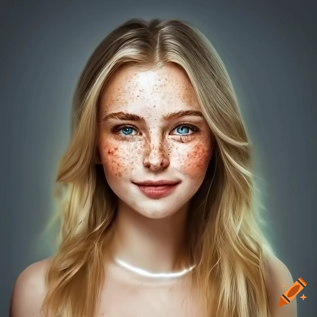 Portrait of a beautiful young woman with freckles and blonde hair on ...
