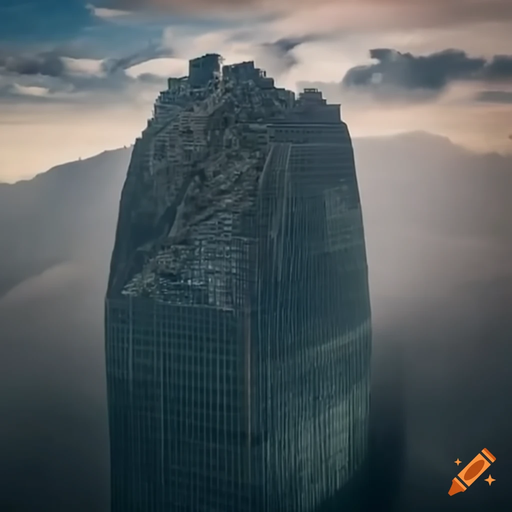 Conceptual image of a skyscraper collapsing into a mountain