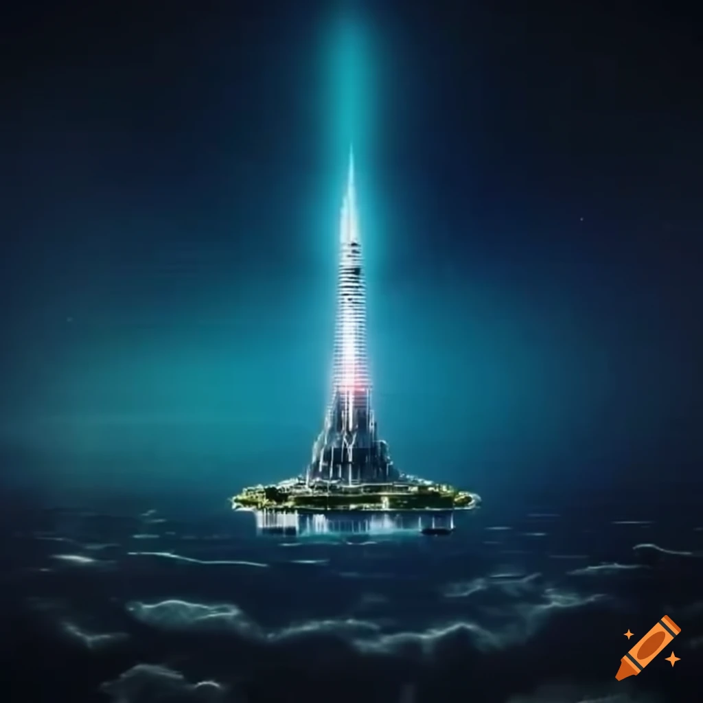 floating cityscape surrounding a central spire in space