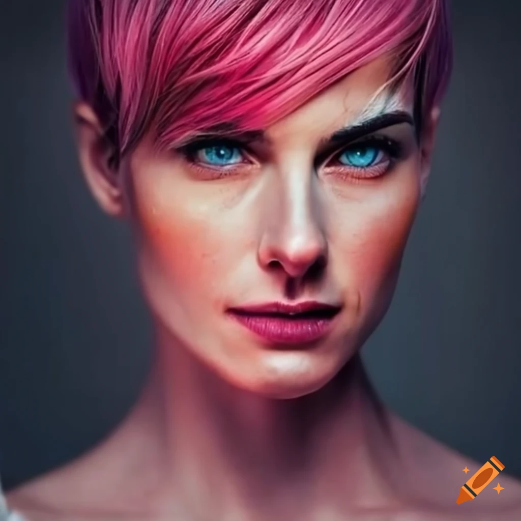 portrait of a sporty woman with pink hair and green eyes