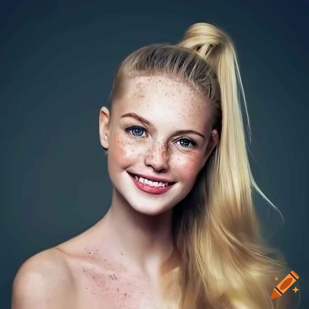 Portrait of a young woman with freckles and a bright smile on Craiyon