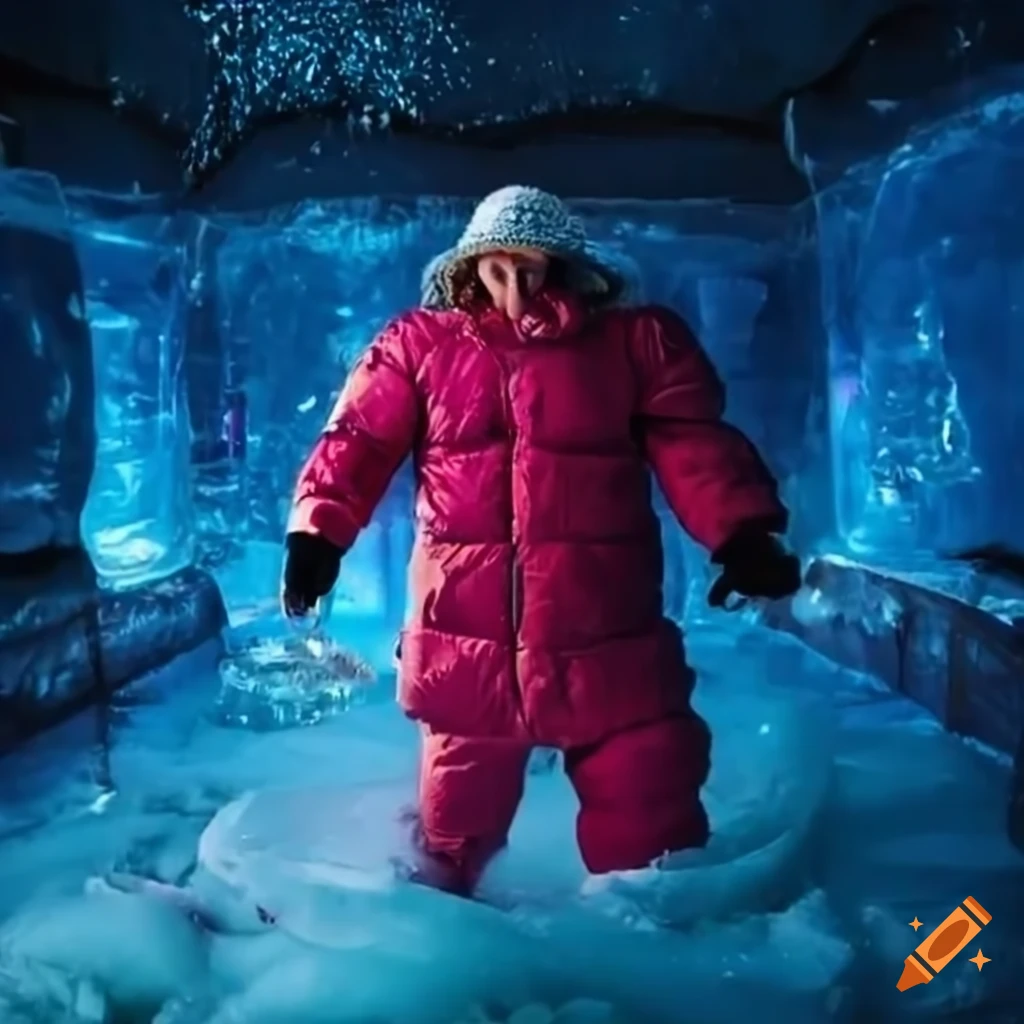 man in snowsuit in an ice bar
