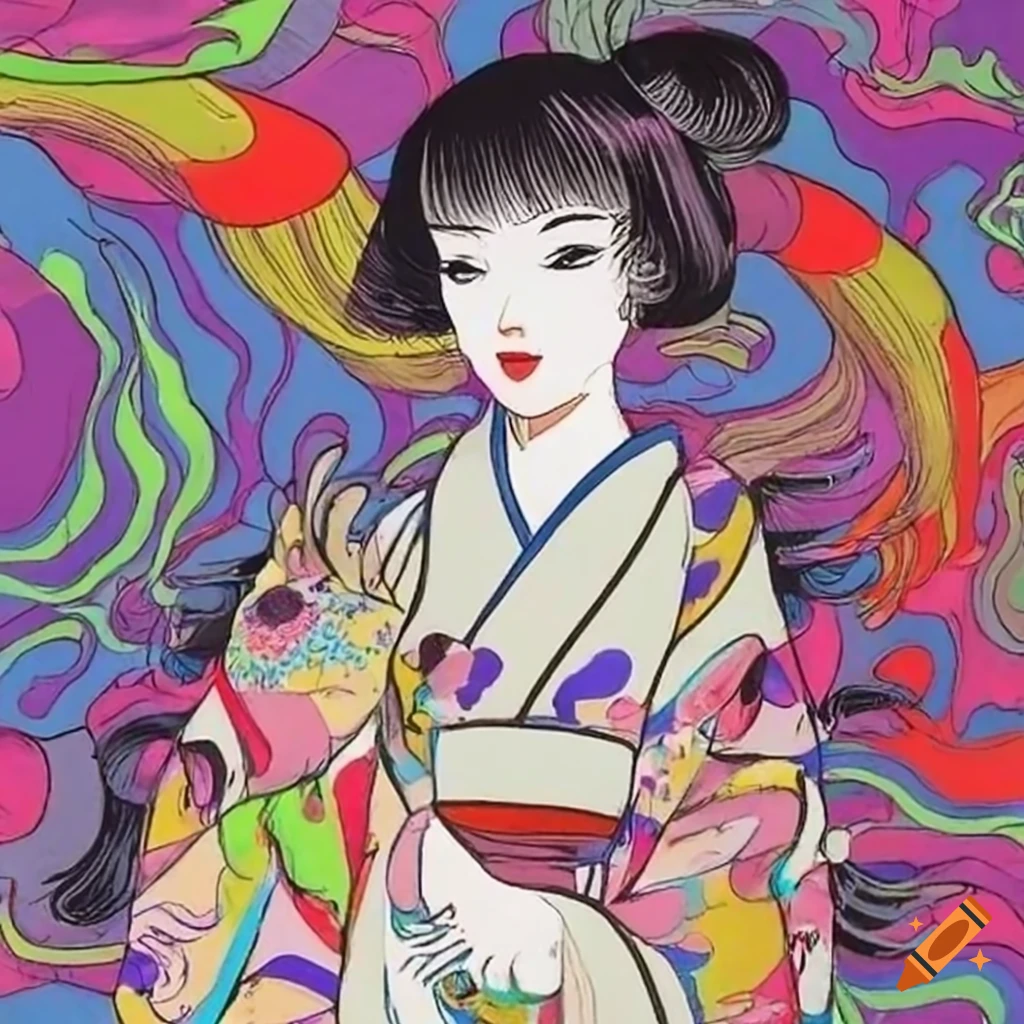 colorful manga sketch of a Japanese woman in white