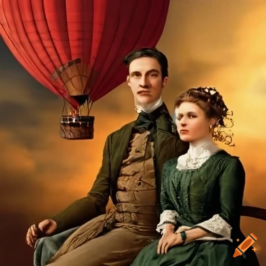 Victorian couple in hot air balloon basket