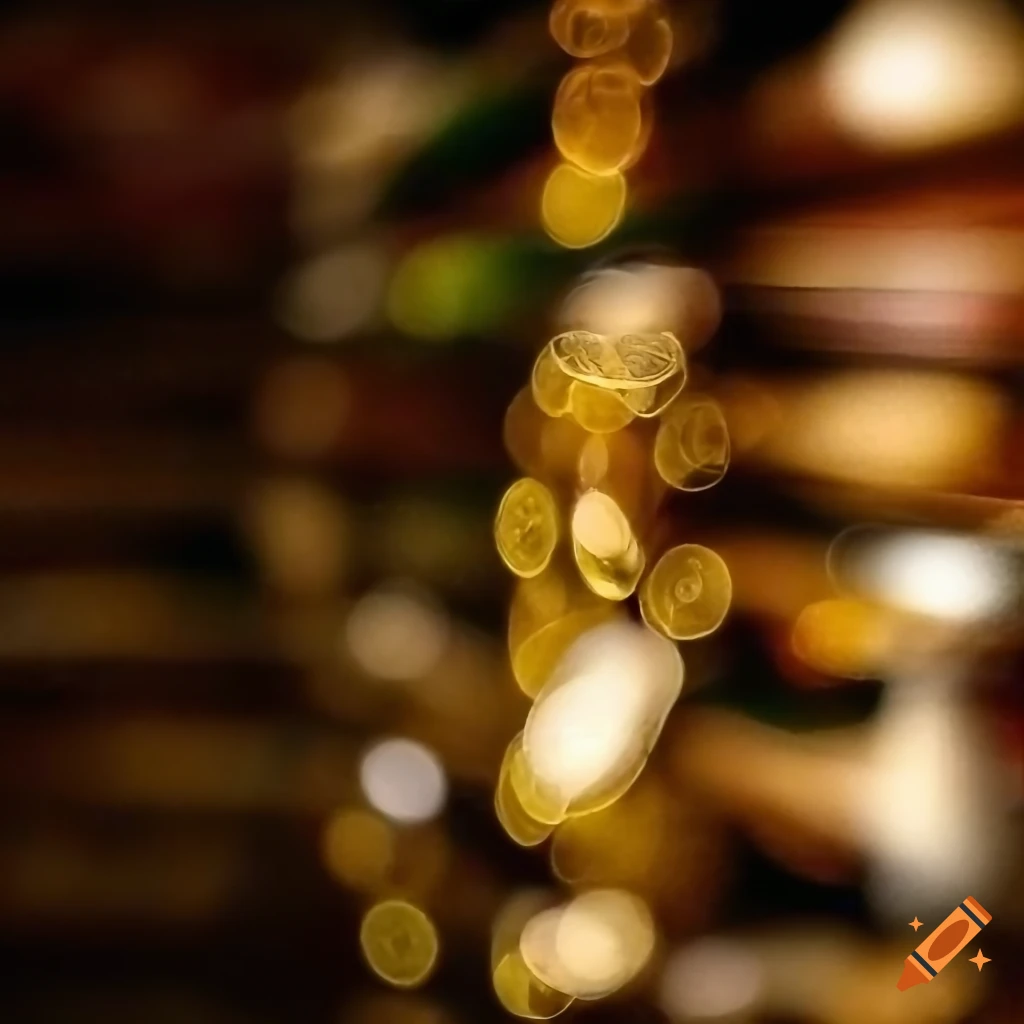 golden coins floating in a library