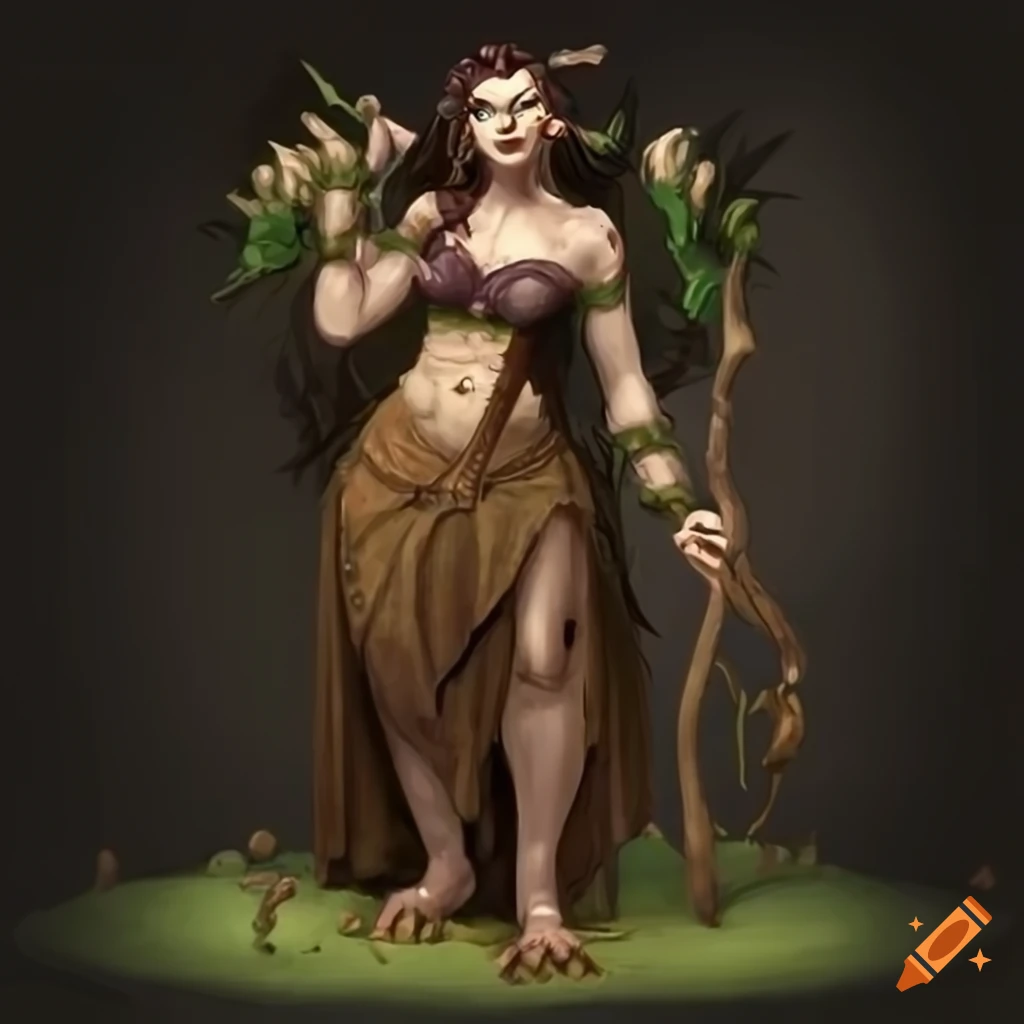 illustration of a strong female ogre druid with flower and leaf decorations