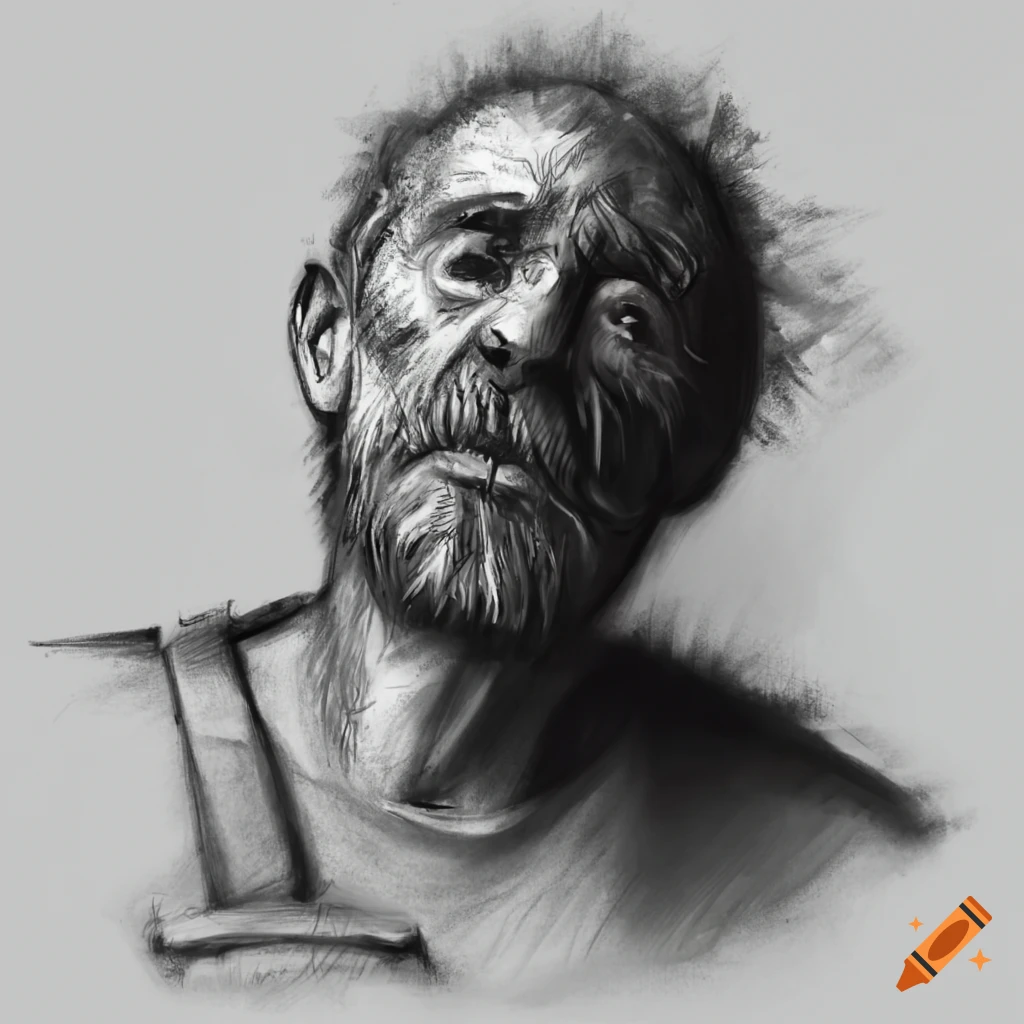 charcoal sketch of a scruffy janitor