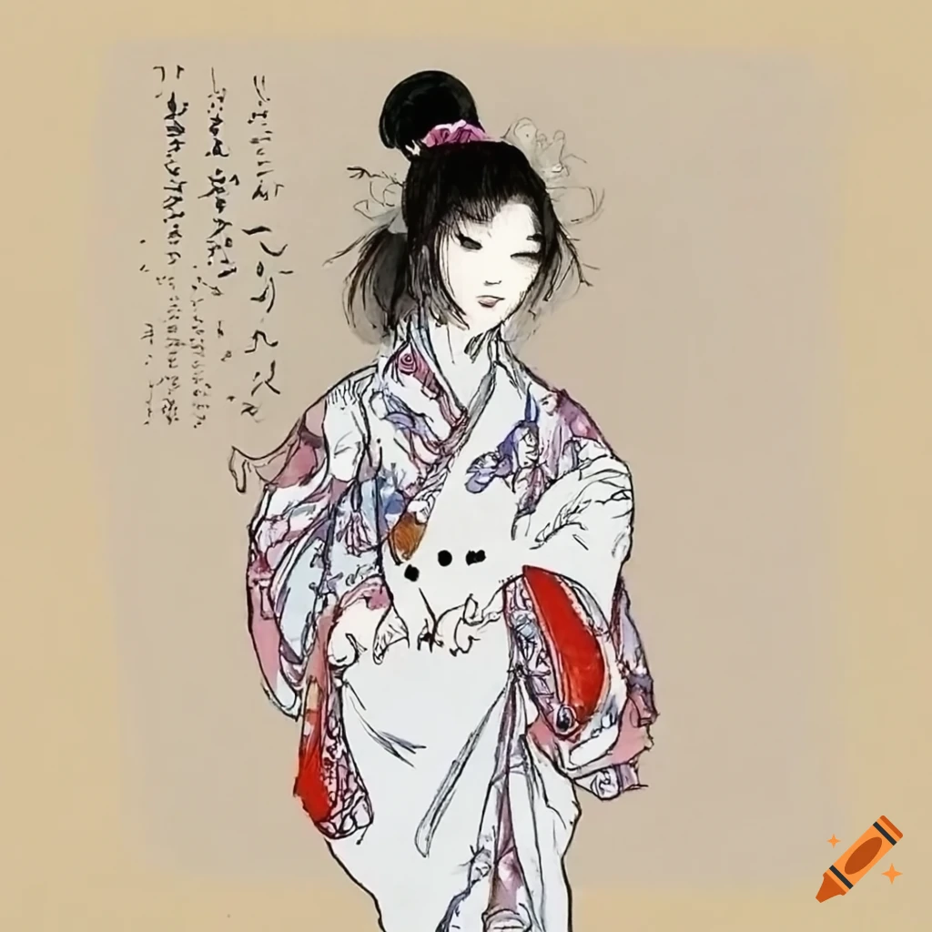 colorful manga sketch of a Japanese woman in white