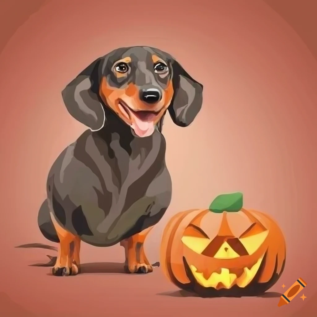 hyper realistic vector drawing of a dachshund and jack-o-lantern