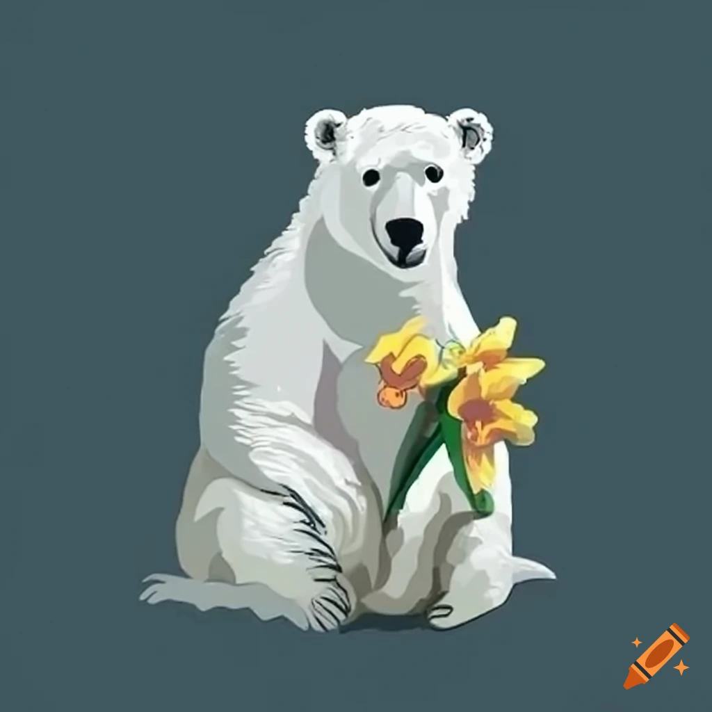 polar bear holding a daffodil