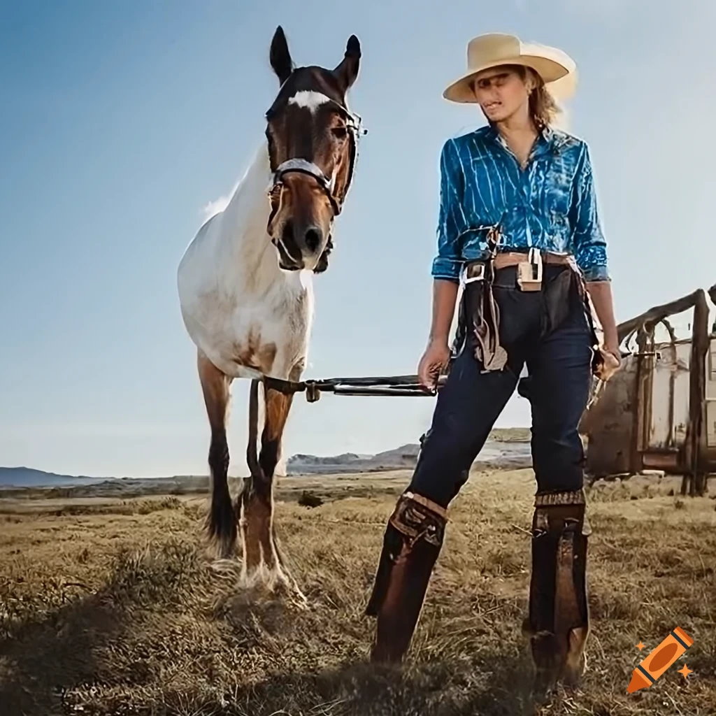 photorealistic composition of a cowgirl riding a horse