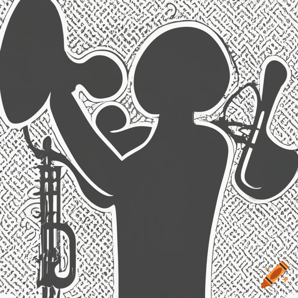 Silhouette of sherlock holmes and a saxophone in black and white