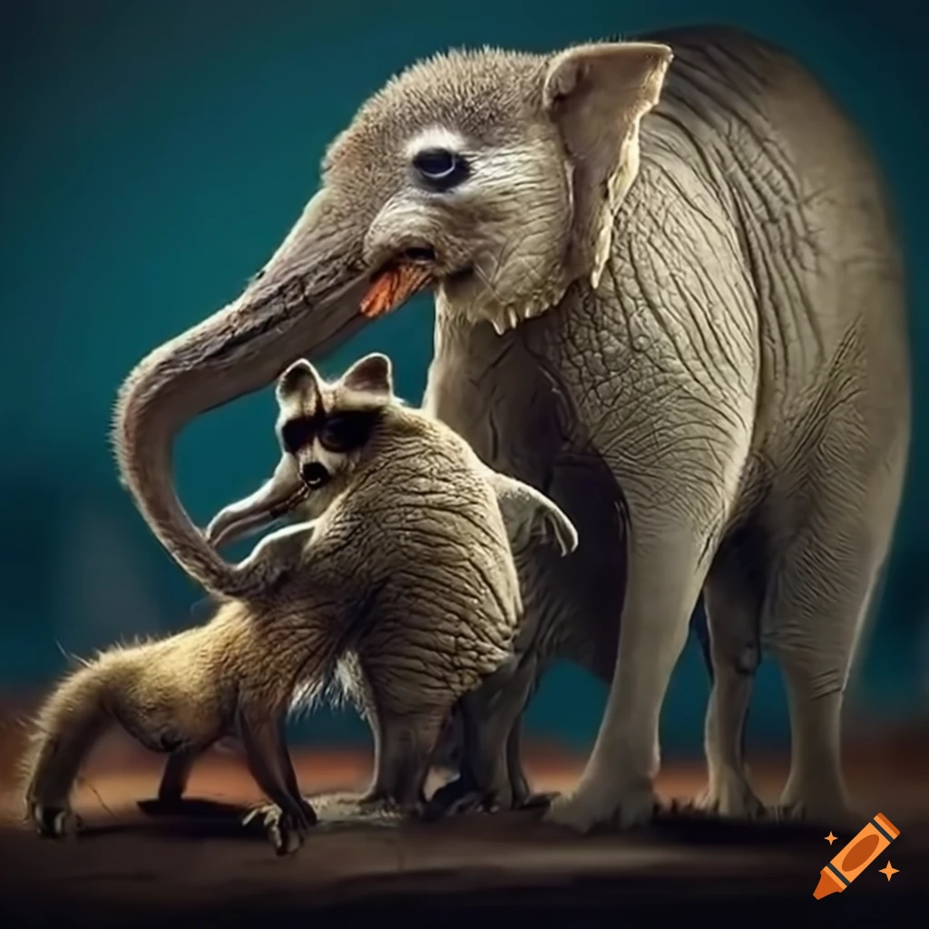raccoon and elephant in confrontation