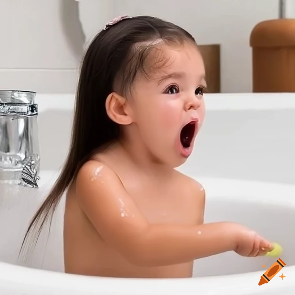 surprised toddler girl with pigtails during bath time