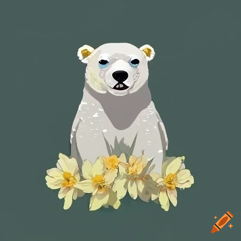 polar bear wearing a daffodil flower crown