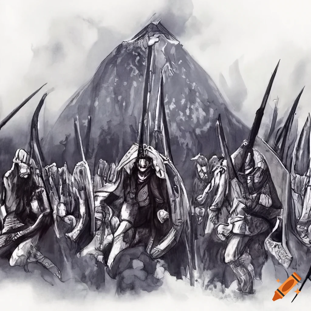 detailed pencil sketch of dark elven army near a volcano