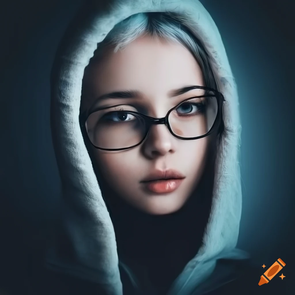 Portrait of a stylish girl with white hair, hoodie, and glasses