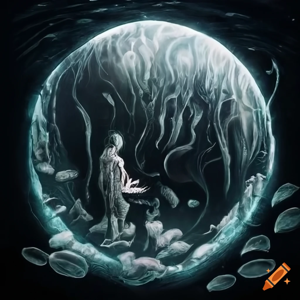 black and white photo of a DJ alien playing for fish and jellyfish in an undersea kingdom