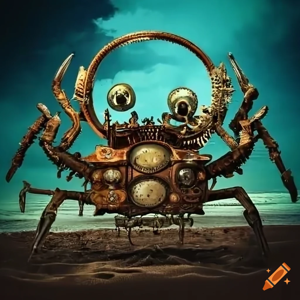 Surrealist steampunk artwork on the beach on craiyon