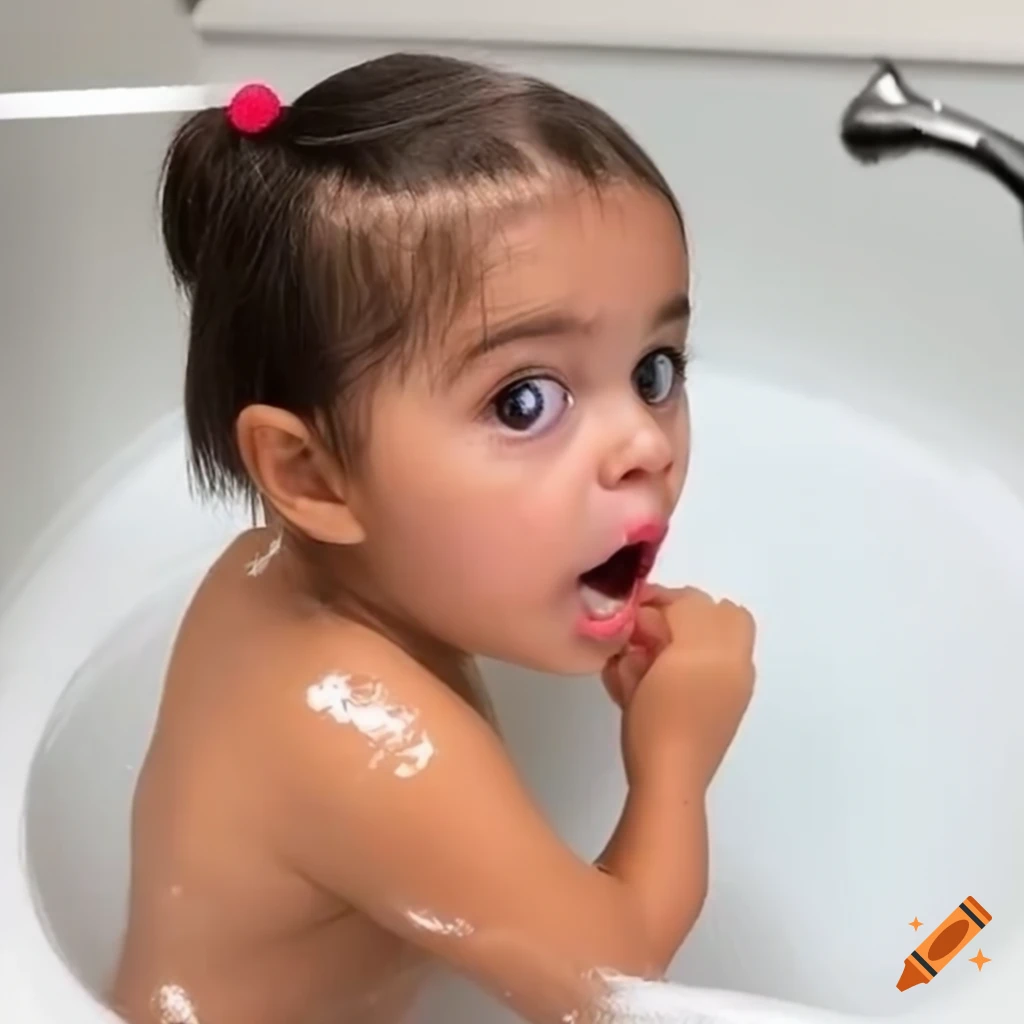 surprised brazilian toddler girl with pigtails during bath time