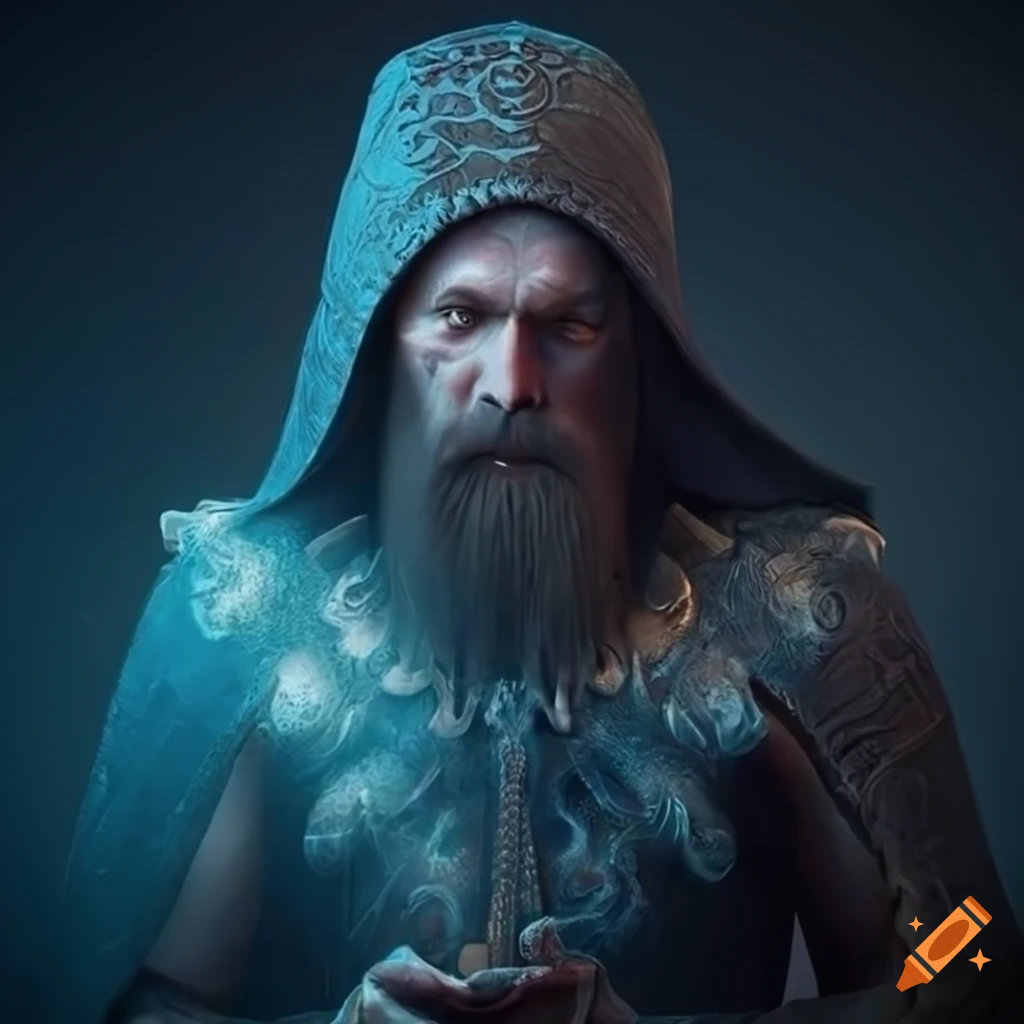 detailed 3D render of a bearded wizard studying a grimoire in a henge at night
