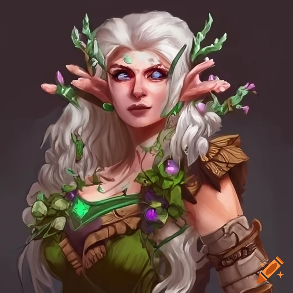 illustration of a strong female giant druid with flower decorations