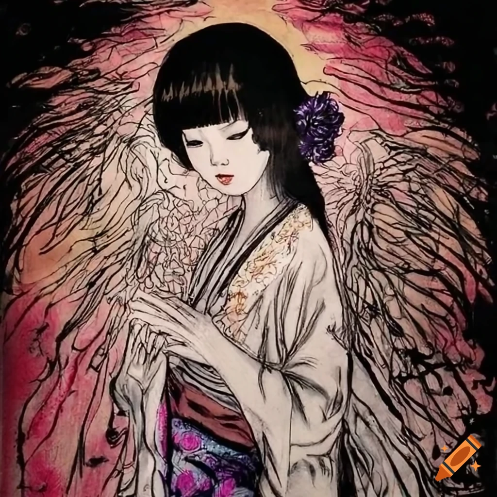 Colorful manga sketch of a Japanese woman in white attire on Craiyon