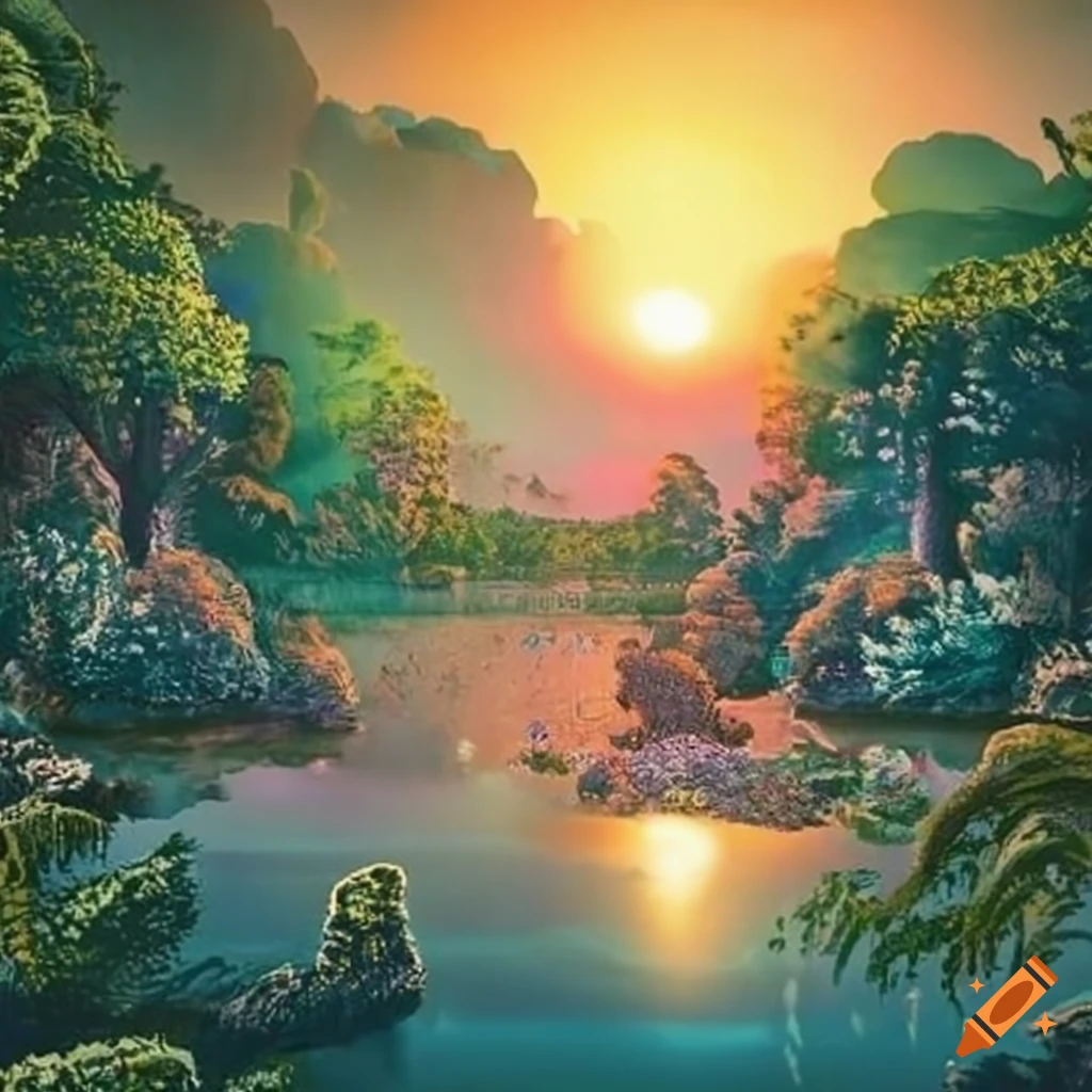 Painting of the garden of eden at sunrise on Craiyon