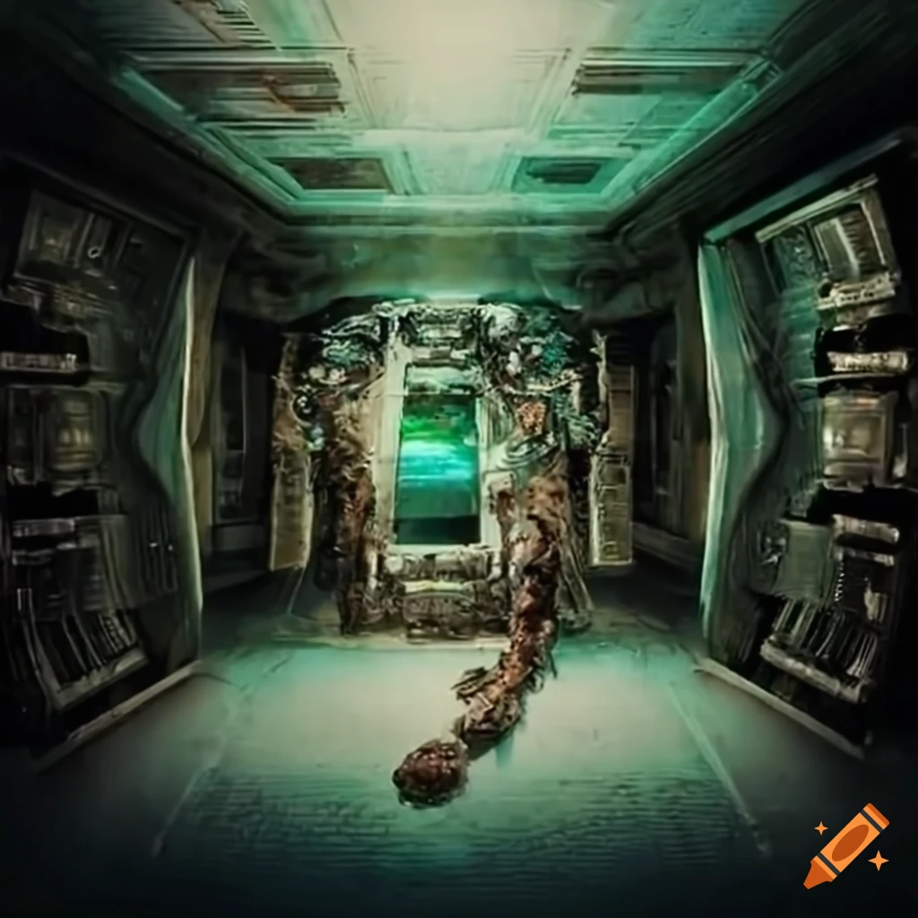 Surrealist artwork of aliens inside a dirty spaceship on Craiyon