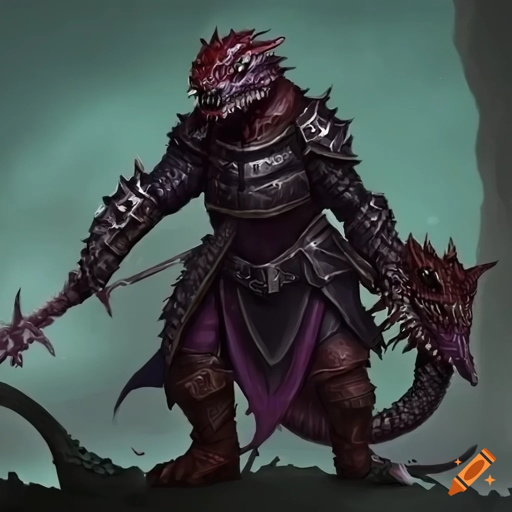 Fantasy artwork of a dragonborn lizard fighter on craiyon