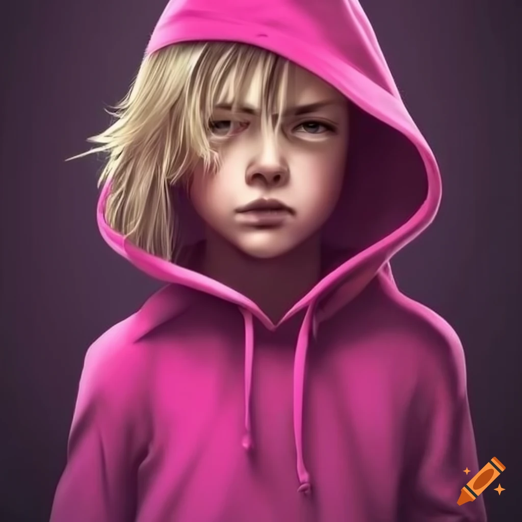  Fashionable androgynous boy in a pink hoodie on Craiyon