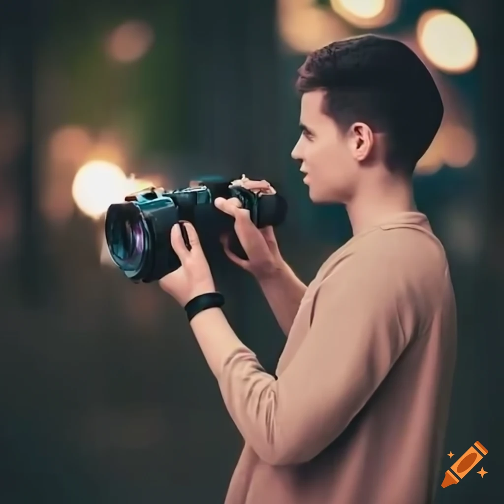 young man taking a photo with a big camera