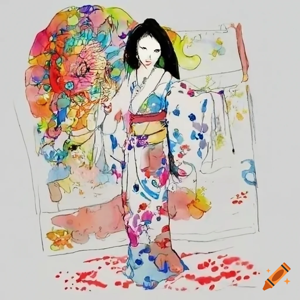 Colorful manga sketch of a japanese woman