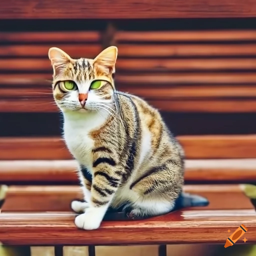 Cat sitting on a bench on Craiyon