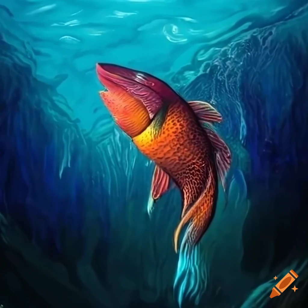 Colorful fish swimming in lava-like underwater environment